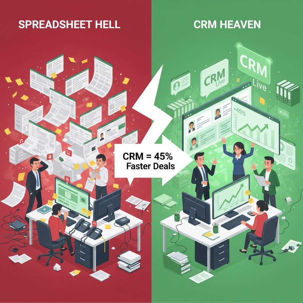 Before/after business Manual mess vs CRM mastery