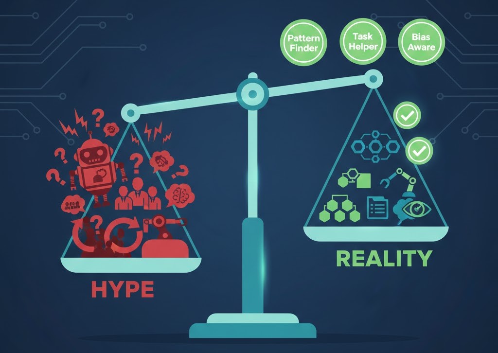 Hype vs reality balance scale